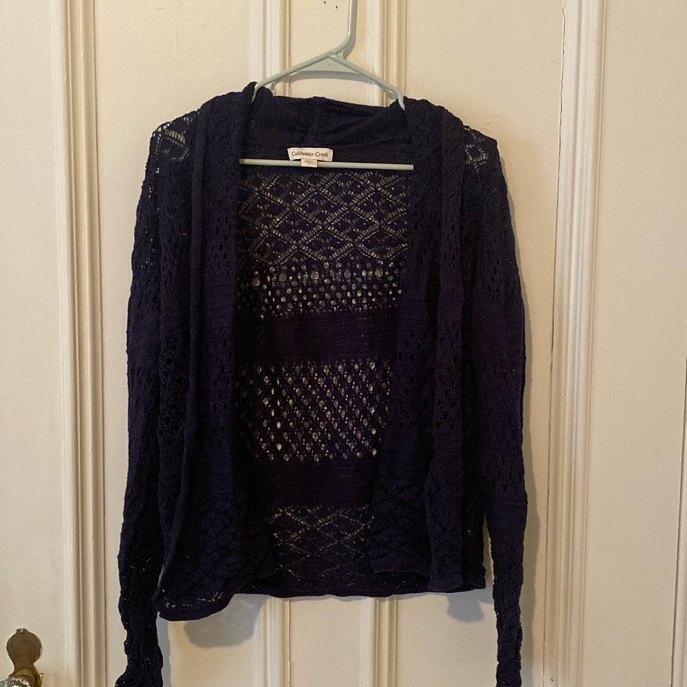 Coldwater Creek - River Rock Pointelle Cardigan Sweater in Midnight Navy, Sedona